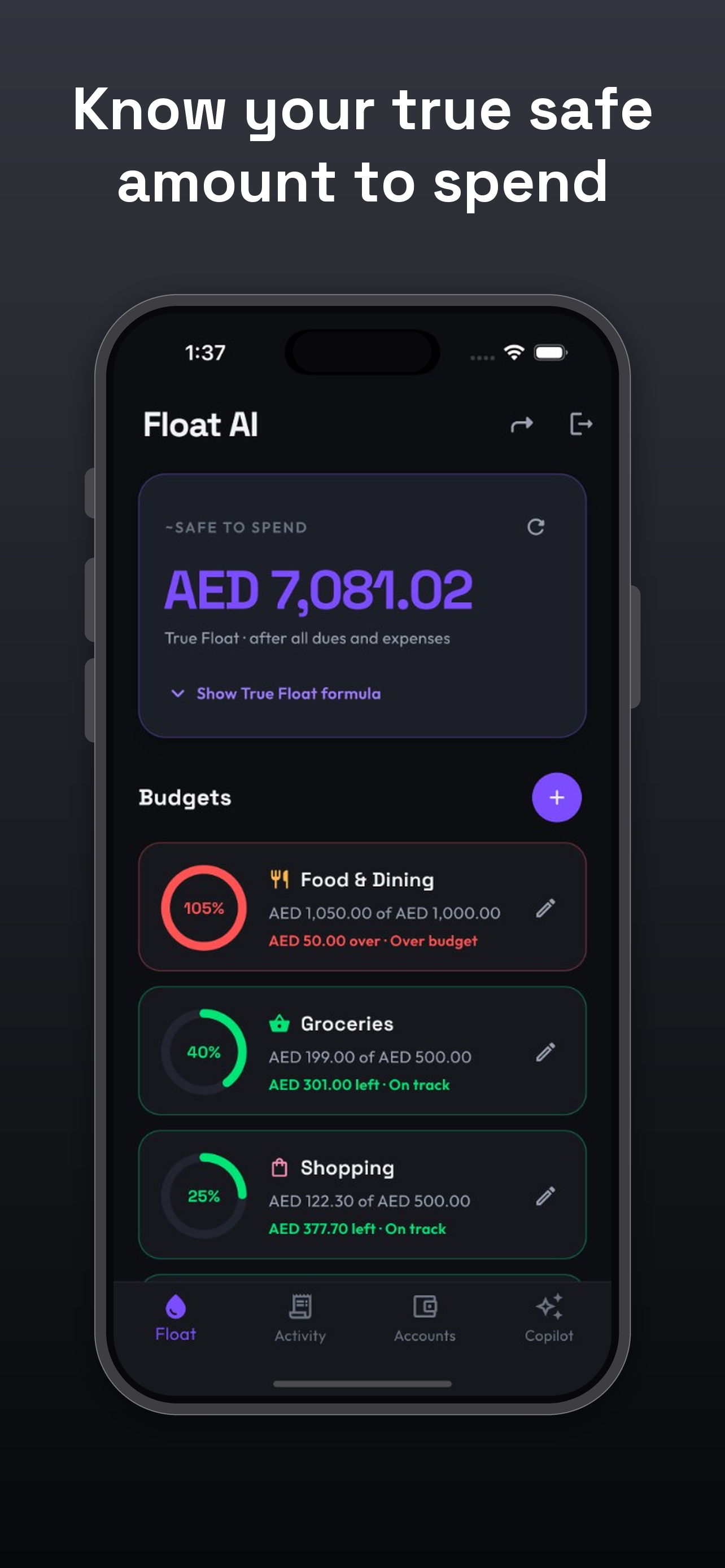 Float AI Safe to Spend screen showing True Float balance